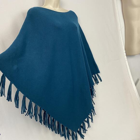 J Jill Sweater Poncho Womens XL 1X 2X 3X Teal Blue Fringe Jewel Tone Cozy NEW - Picture 2 of 11